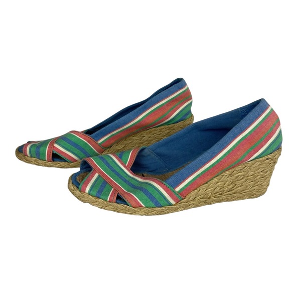 Lauren Ralph Lauren Cecelia Teal Stripe‎ Rope Espadrille Wedge Sandals Size 7.5 - Picture 1 of 11